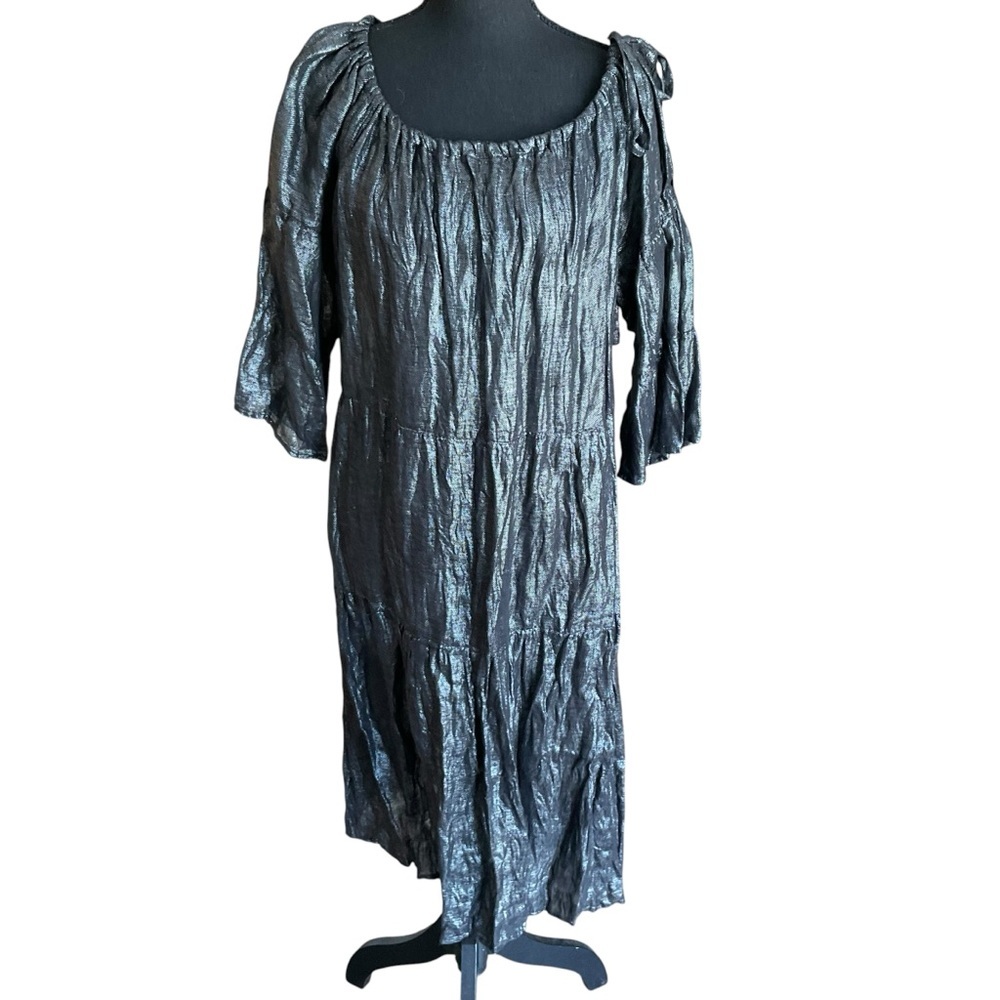 Zyga Ferry Black Linen Dress Size S Metallic Shimmer Boho Peasant Midi - Picture 2 of 10